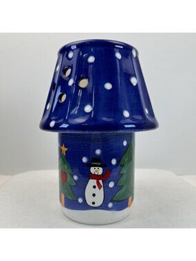 Jar Candle Holder with Shade Hand-Painted Ceramic Snowman Christmas Tree Blue Lg
